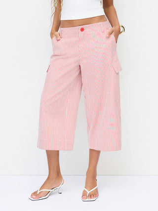 Cotton-blend Mid Rise Striped Cargo Barrel-leg Capri Trousers