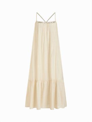 Braided Strap Shell Detail Ruffle Hem Tie Back Oversized Maxi Dress