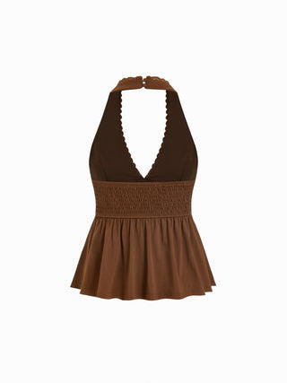 High Stretch V-neck Halter Ruched Lace Trim Beaded Drawstring Peplum Tank Top