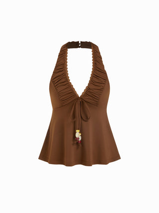 High Stretch V-neck Halter Ruched Lace Trim Beaded Drawstring Peplum Tank Top