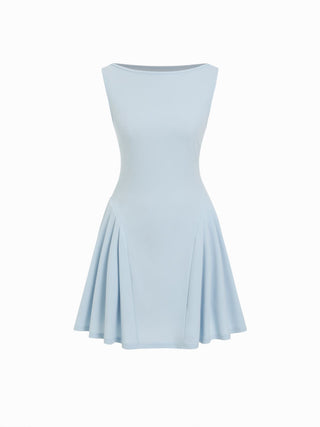 Boat Neck Pleated A-line Mini Dress