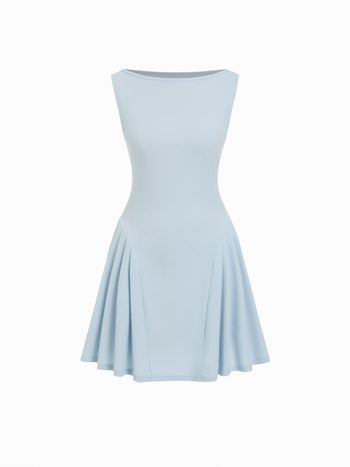 Boat Neck Pleated A-line Mini Dress