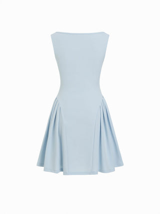 Boat Neck Pleated A-line Mini Dress