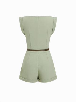 Boat Neck Pleated Metal Detail Mid Rise Romper With Belt