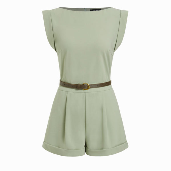 Boat Neck Pleated Metal Detail Mid Rise Romper With Belt