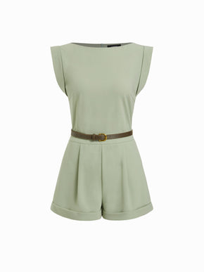 Boat Neck Pleated Metal Detail Mid Rise Romper With Belt
