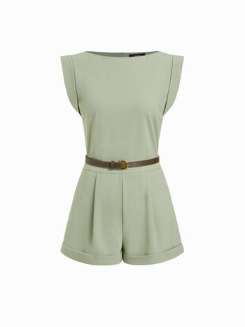 Boat Neck Pleated Metal Detail Mid Rise Romper With Belt