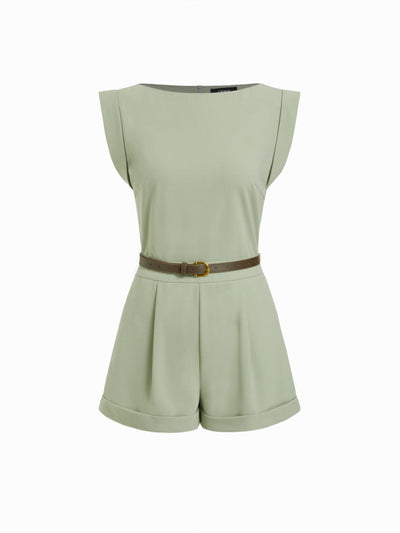 Boat Neck Pleated Metal Detail Mid Rise Romper With Belt