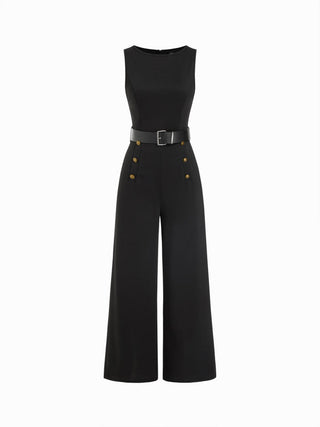 Boat Neck Metal Detail Mid Rise Wide Leg Jumpsuit With Belt