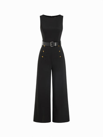 Boat Neck Metal Detail Mid Rise Wide Leg Jumpsuit With Belt