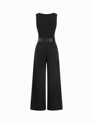 Boat Neck Metal Detail Mid Rise Wide Leg Jumpsuit With Belt