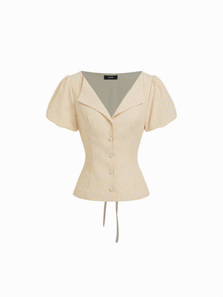 Cotton-blend Striped Puff Sleeve Tie-back Blouse