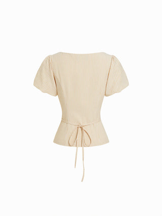 Cotton-blend Striped Puff Sleeve Tie-back Blouse
