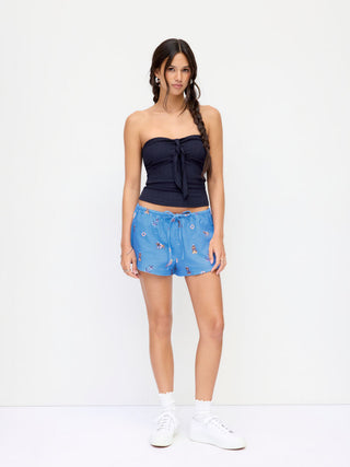Cotton Pointelle Sweetheart Knotted Shirred Bandeau Top