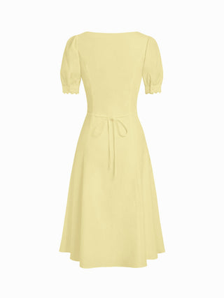 Cotton-blend Floral Graphic V-neck Lantern Sleeve Embroidery Midi Shirt Dress