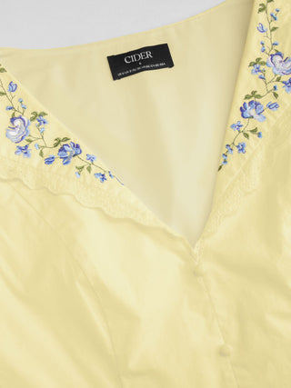 Cotton-blend Floral Graphic V-neck Lantern Sleeve Embroidery Midi Shirt Dress