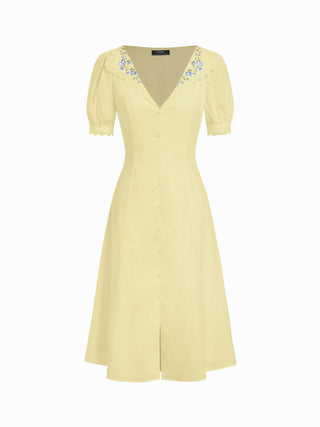 Cotton-blend Floral Graphic V-neck Lantern Sleeve Embroidery Midi Shirt Dress