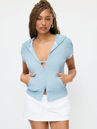 Cotton-blend Terry Hooded Short Sleeve Zip Through Pocket Tee