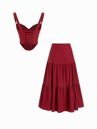 Linen-blend Sweetheart Corset Lace up Cami Top & High Rise Tiered Maxi Skirt Set