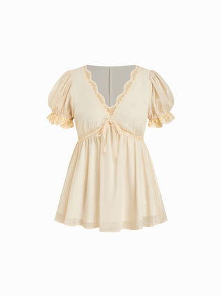 Chiffon V-neck Puff Sleeve Lace Panel Tie Front Peplum Blouse