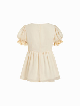 Chiffon V-neck Puff Sleeve Lace Panel Tie Front Peplum Blouse