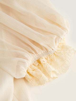 Chiffon V-neck Puff Sleeve Lace Panel Tie Front Peplum Blouse