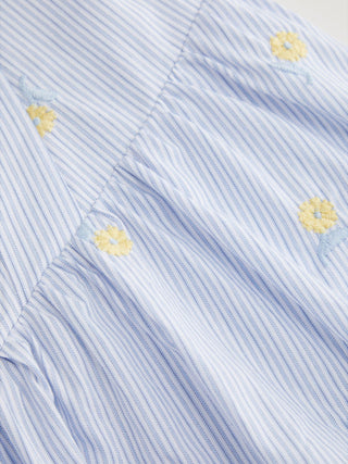 Cotton Striped Floral Square Neck Eyelet Ruched A-line Mini Dress