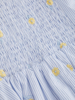 Cotton Striped Floral Square Neck Eyelet Ruched A-line Mini Dress