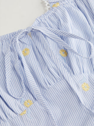 Cotton Striped Floral Square Neck Eyelet Ruched A-line Mini Dress