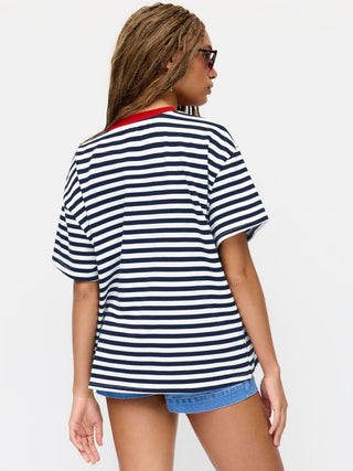 Cotton-blend Striped Contrasting Binding Fish Graphic Embroidery Oversized Tee
