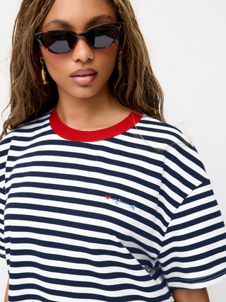 Cotton-blend Striped Contrasting Binding Fish Graphic Embroidery Oversized Tee