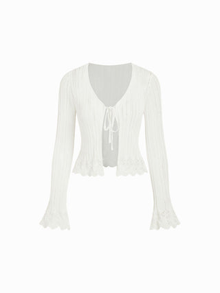 Knit Textured V-neck Bell Sleeve Cardigan