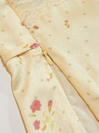 Satin Floral V-neck Ruffle Sleeve Lace Trim Blouse