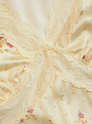 Satin Floral V-neck Ruffle Sleeve Lace Trim Blouse