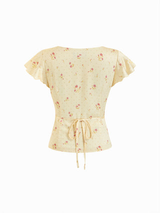 Satin Floral V-neck Ruffle Sleeve Lace Trim Blouse