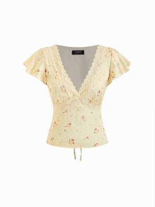 Satin Floral V-neck Ruffle Sleeve Lace Trim Blouse