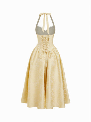 Jacquard Halter Neckline Bowknot Draped Flared Maxi Dress