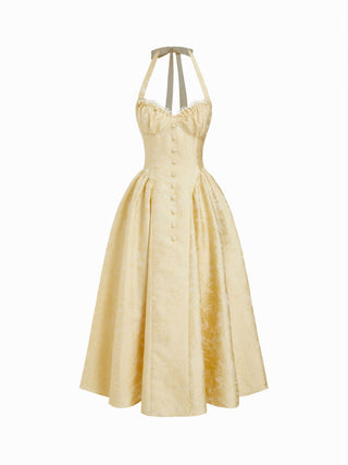 Jacquard Halter Neckline Bowknot Draped Flared Maxi Dress