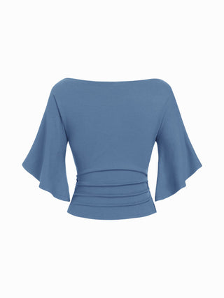 Boat Neck Mid-length Bell Sleeve Ruched Tee