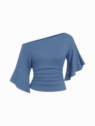 Boat Neck Mid-length Bell Sleeve Ruched Tee