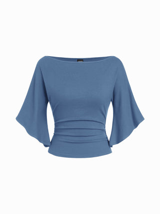 Boat Neck Mid-length Bell Sleeve Ruched Tee