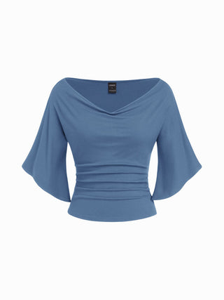 Boat Neck Mid-length Bell Sleeve Ruched Tee