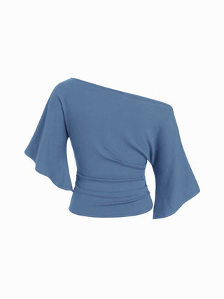 Boat Neck Mid-length Bell Sleeve Ruched Tee