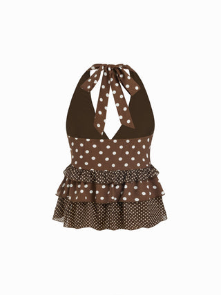 Polka Dot Halter Neckline Ruffled Oversized Crop Cami Top