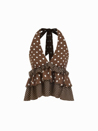 Polka Dot Halter Neckline Ruffled Oversized Crop Cami Top