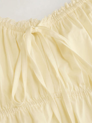 Cotton-blend Square Neck Puff Sleeve Drawstring Ruffle Hem Oversized Babydoll Mini Dress