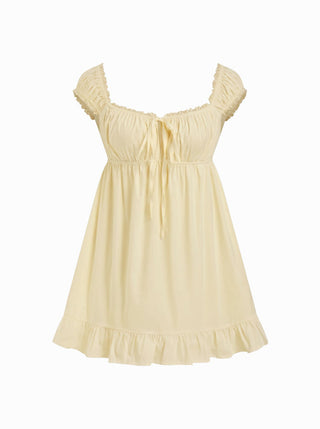 Cotton-blend Square Neck Puff Sleeve Drawstring Ruffle Hem Oversized Babydoll Mini Dress