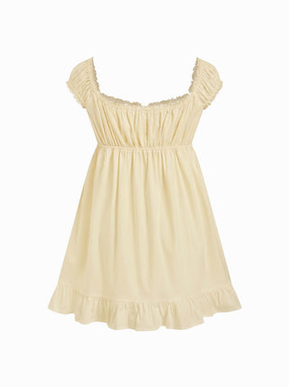 Cotton-blend Square Neck Puff Sleeve Drawstring Ruffle Hem Oversized Babydoll Mini Dress