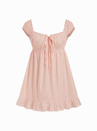 Cotton-blend Square Neck Puff Sleeve Drawstring Ruffle Hem Oversized Babydoll Mini Dress