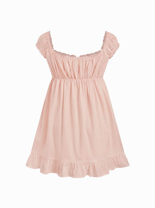 Cotton-blend Square Neck Puff Sleeve Drawstring Ruffle Hem Oversized Babydoll Mini Dress